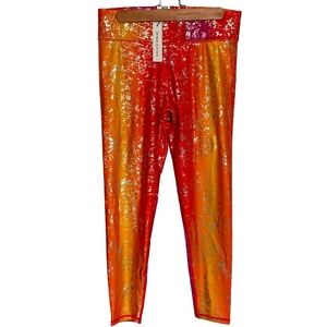TEREZ NWT! Women’s Leggings Vivid Neon/Silver Foil Sparkle‎ Dust L (runs small)